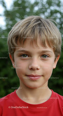Young boy with blonde hair and green eyes outdoors