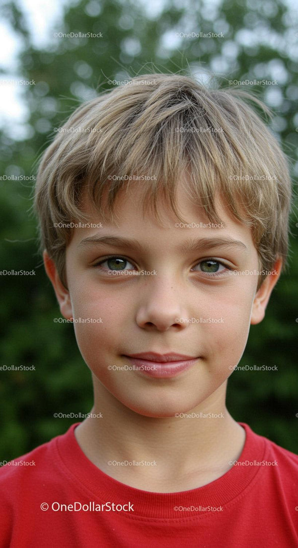 Young boy with blonde hair and green eyes outdoors