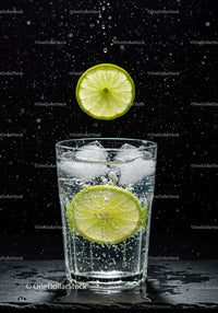 Refreshing sparkling water with lime and ice cubes