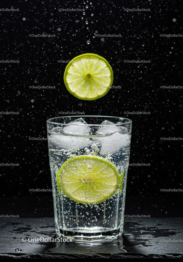 Refreshing sparkling water with lime and ice cubes