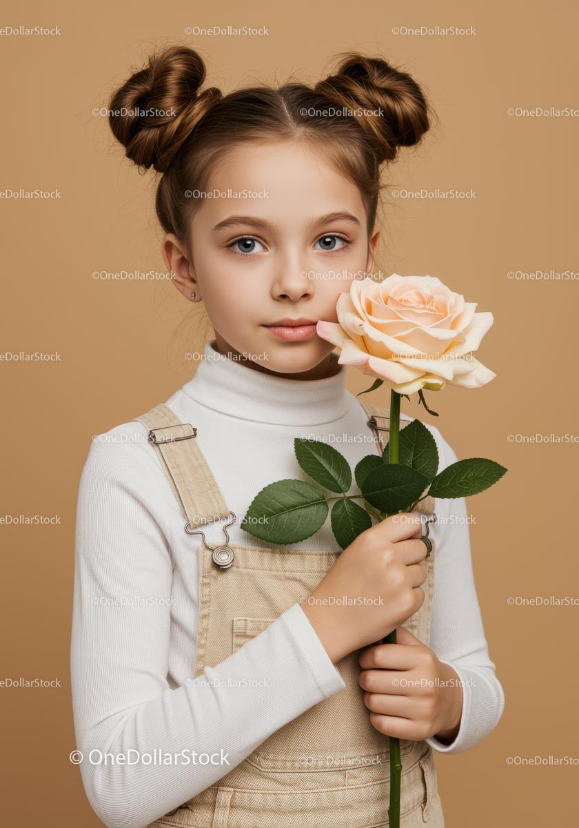 Young Girl with Pale Peach Rose Portrait on Soft Beige Background
