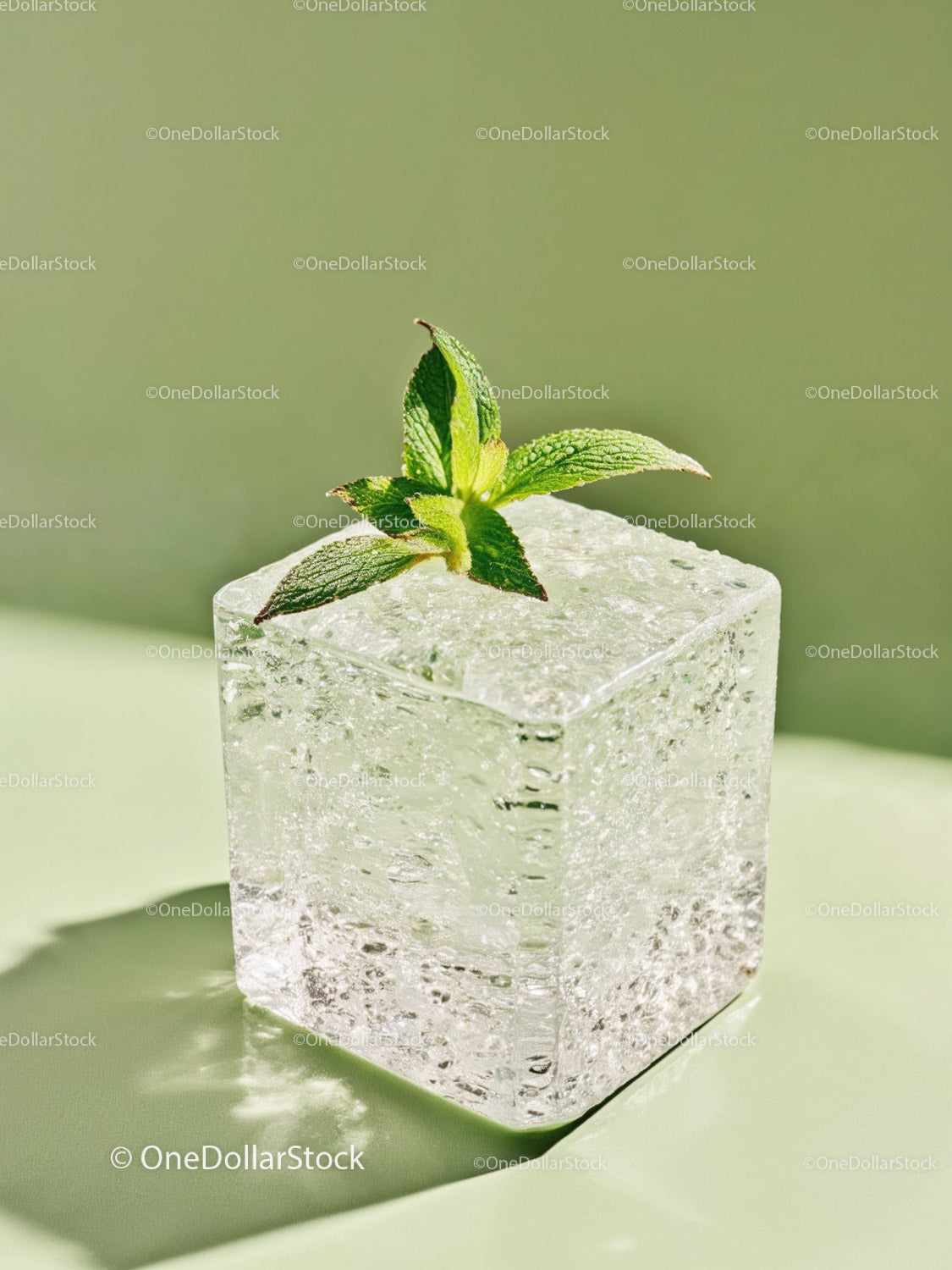 Refreshing ice cube with fresh mint on green surface
