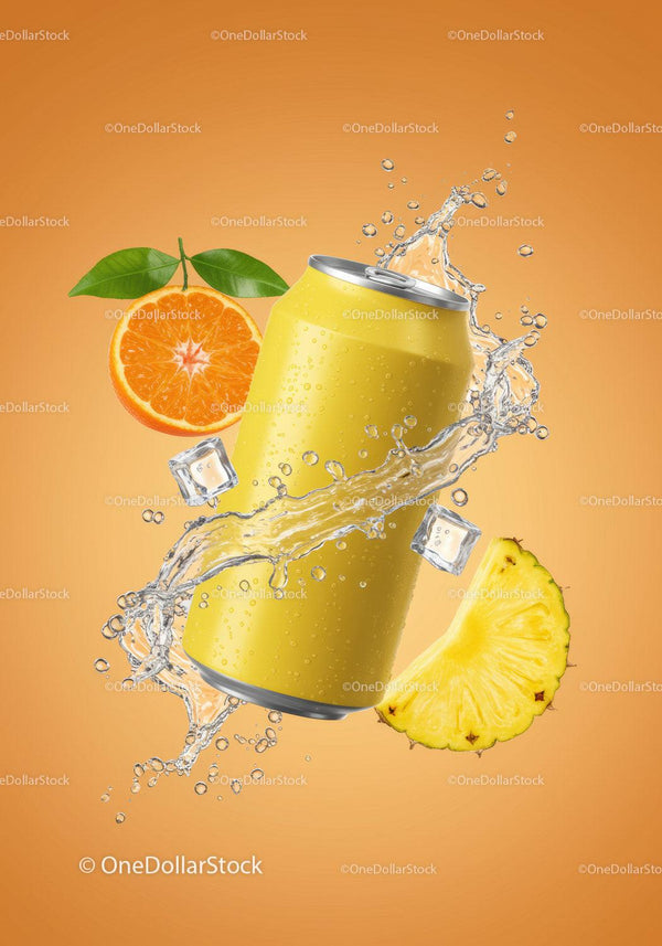Refreshing Fruit Juice Can with Splash and Ice Cubes JPG Mockup Image