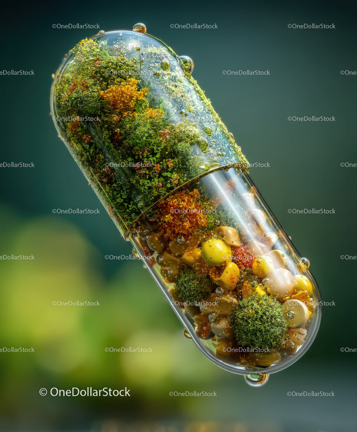 Colorful Botanical Capsule Containing Lush Mosses and Greenery