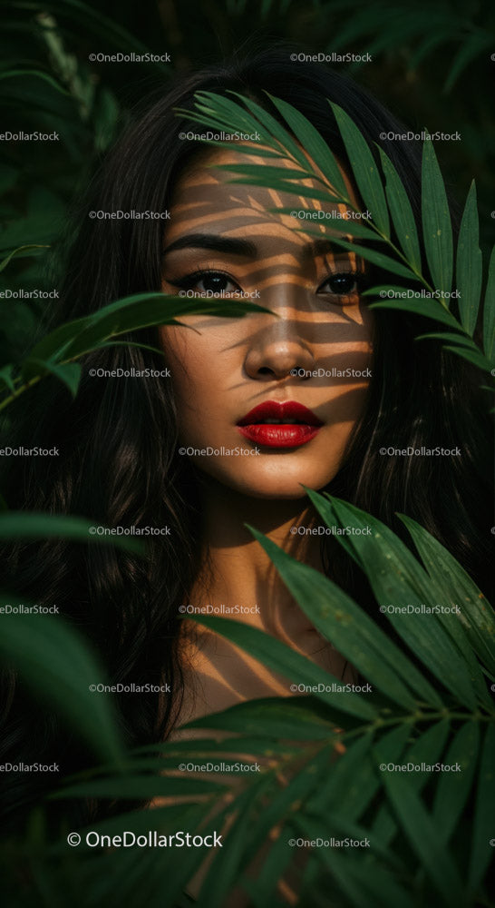 Portret kobiety z czerwonymi ustami za tropikalnymi liśćmi
