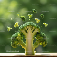 Fresh broccoli florets captured in dynamic motion