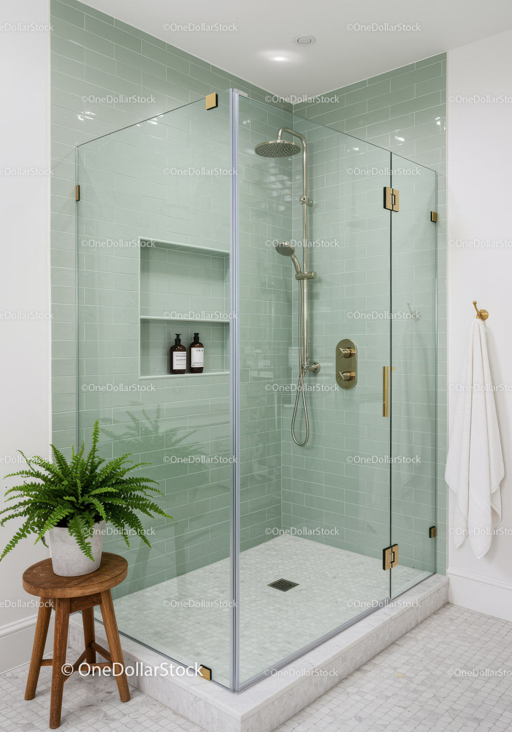 Modern Glass Shower Enclosure with Subtle Green Tiles