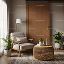 Cozy armchair corner with natural wooden furniture and plants