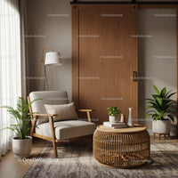 Cozy armchair corner with natural wooden furniture and plants