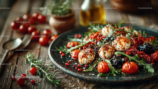 Colorful Rustic Cherry Tomato and Herb Appetizer with Fresh Vegetables