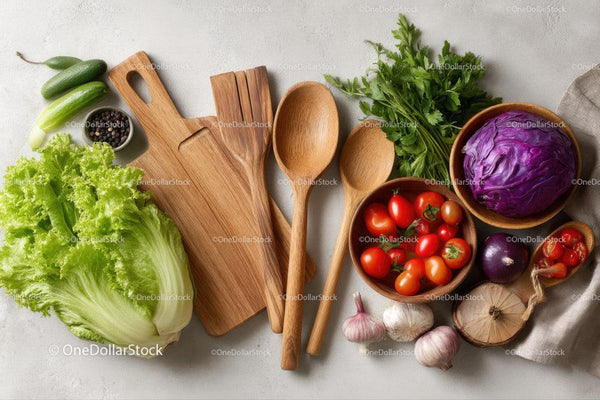 Fresh Organic Vegetables with Wooden Kitchen Utensils and Herbs