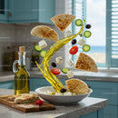 Mediterranean ingredients flying with olive oil splash in kitchen
