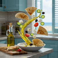Mediterranean ingredients flying with olive oil splash in kitchen