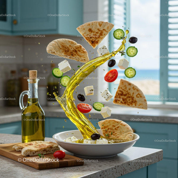Mediterranean ingredients flying with olive oil splash in kitchen