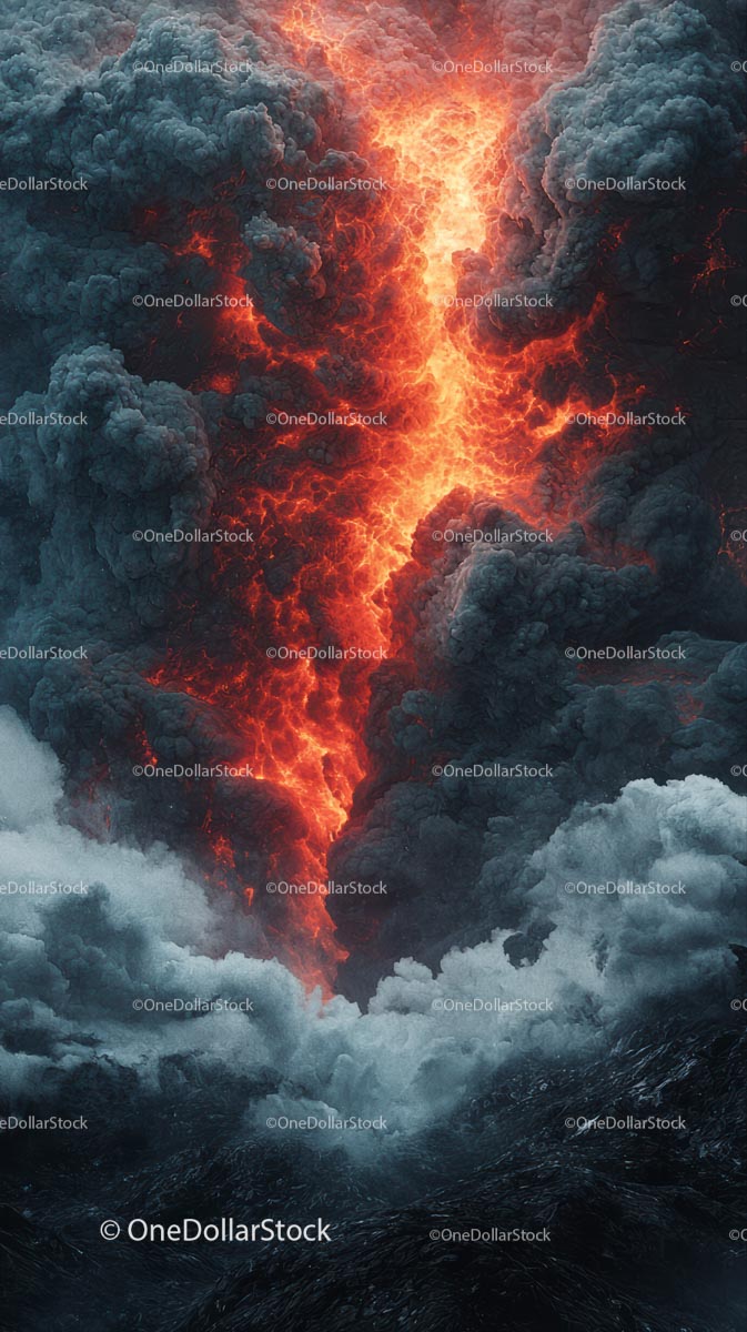 Erupcja wulkanu z płynącą lawą i chmurami dymu