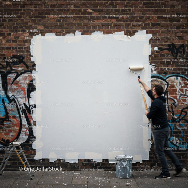 Man painting over graffiti on urban brick wall JPG Mockup Image
