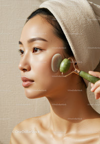 Asian Woman Using Jade Roller for Facial Skincare Therapy