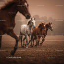 Majestic Herd of Brown Horses Running in Sunset Landscape