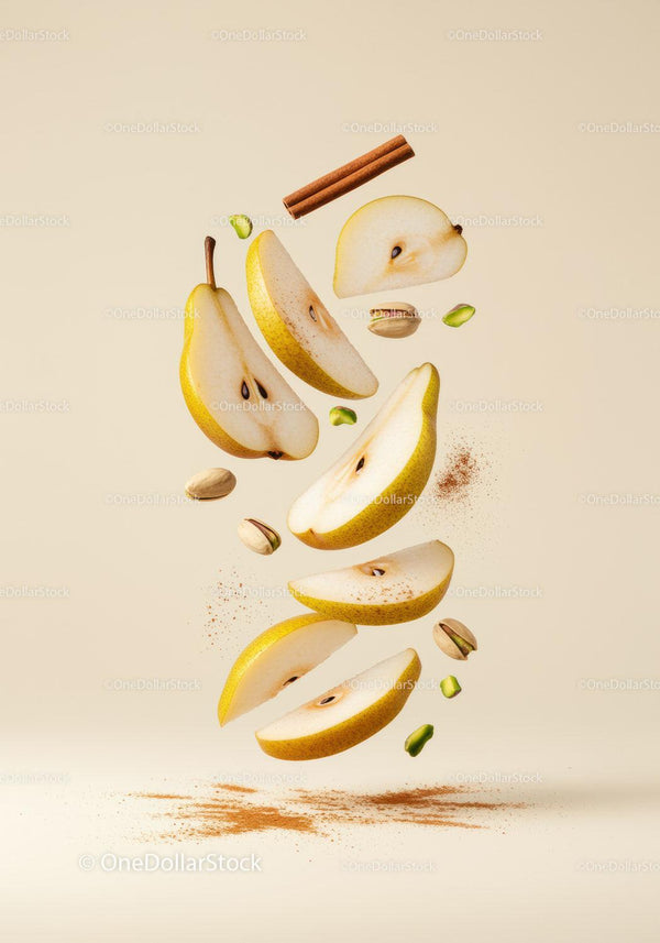 Floating Sliced Pears with Pistachios and Cinnamon Powder