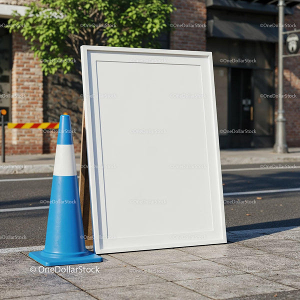 Blank outdoor sandwich board with blue traffic cone JPG Mockup Image