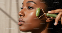 Close Up of Woman Using Jade Roller for Facial Skincare Therapy