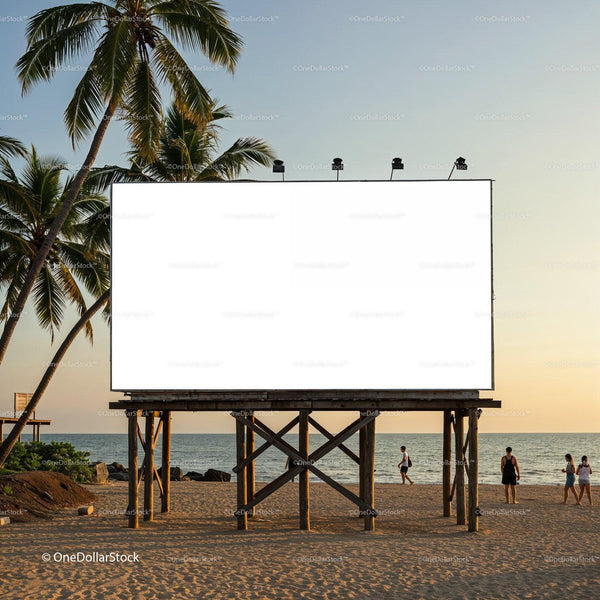 Empty billboard on tropical beach at sunset JPG Mockup Image