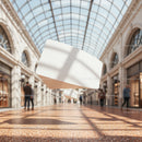 Bright Shopping Arcade with Floating Blank Signboard