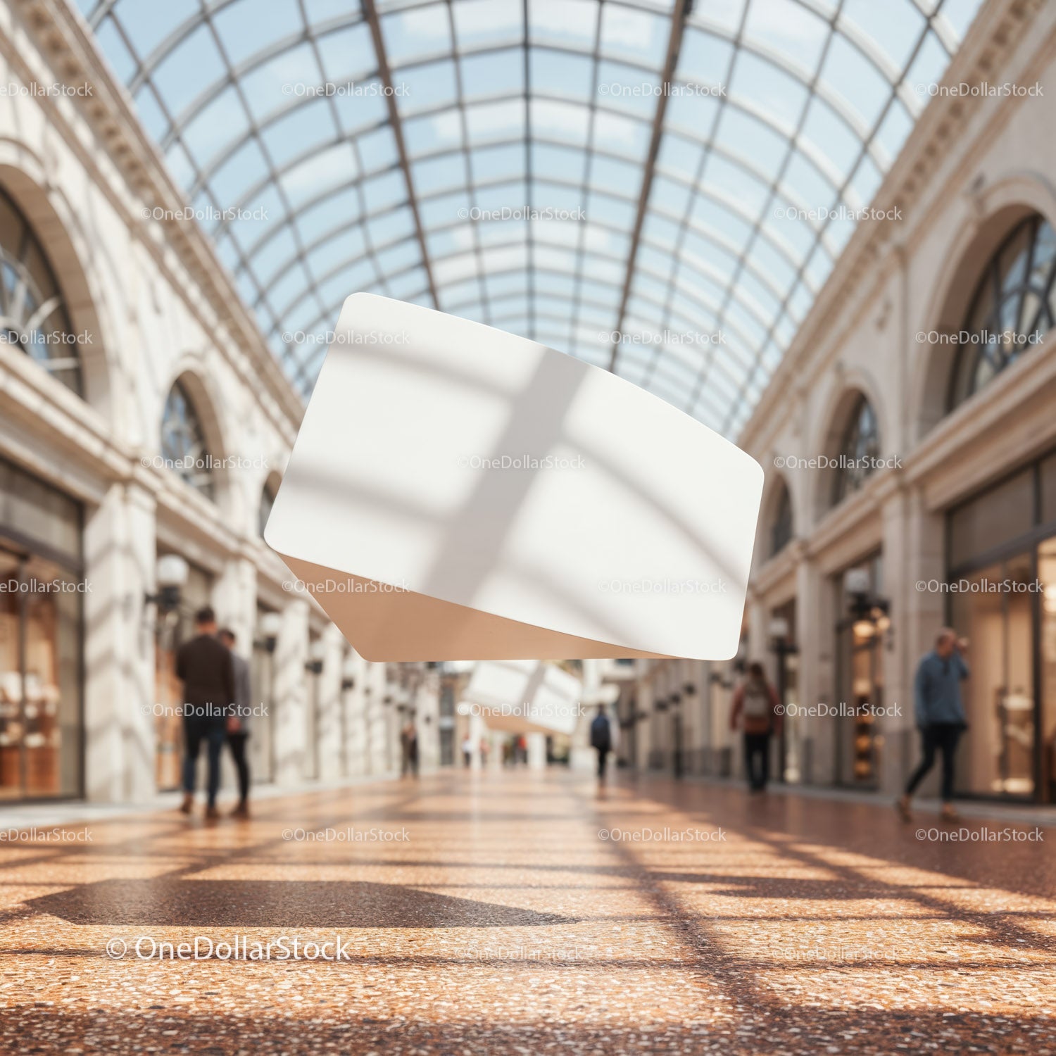 Bright Shopping Arcade with Floating Blank Signboard