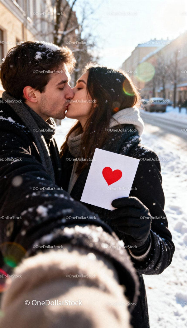 Couple Sharing a Kiss with Valentine Card in Snowy City