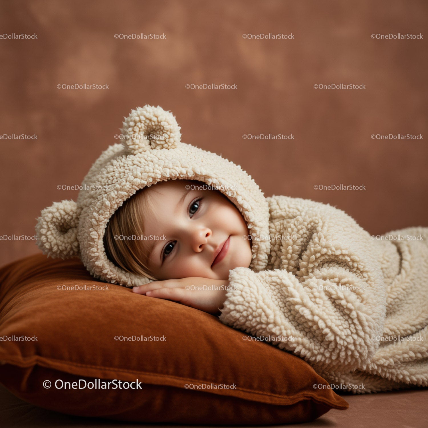 Child resting peacefully in cozy teddy bear outfit