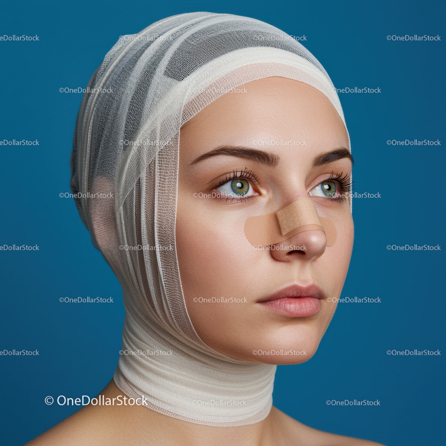 Close-up of a Woman with Bandaged Nose and Healing Skin