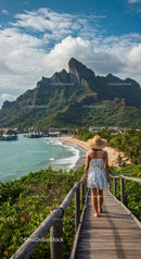 Scenic Mountain and Beach Retreat with Woman Walking on Wooden Path