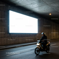 Motorcyclist riding past illuminated billboard in tunnel