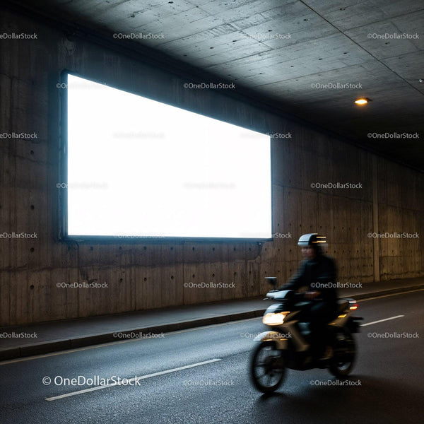 Motorcyclist riding past illuminated billboard in tunnel JPG Mockup Image