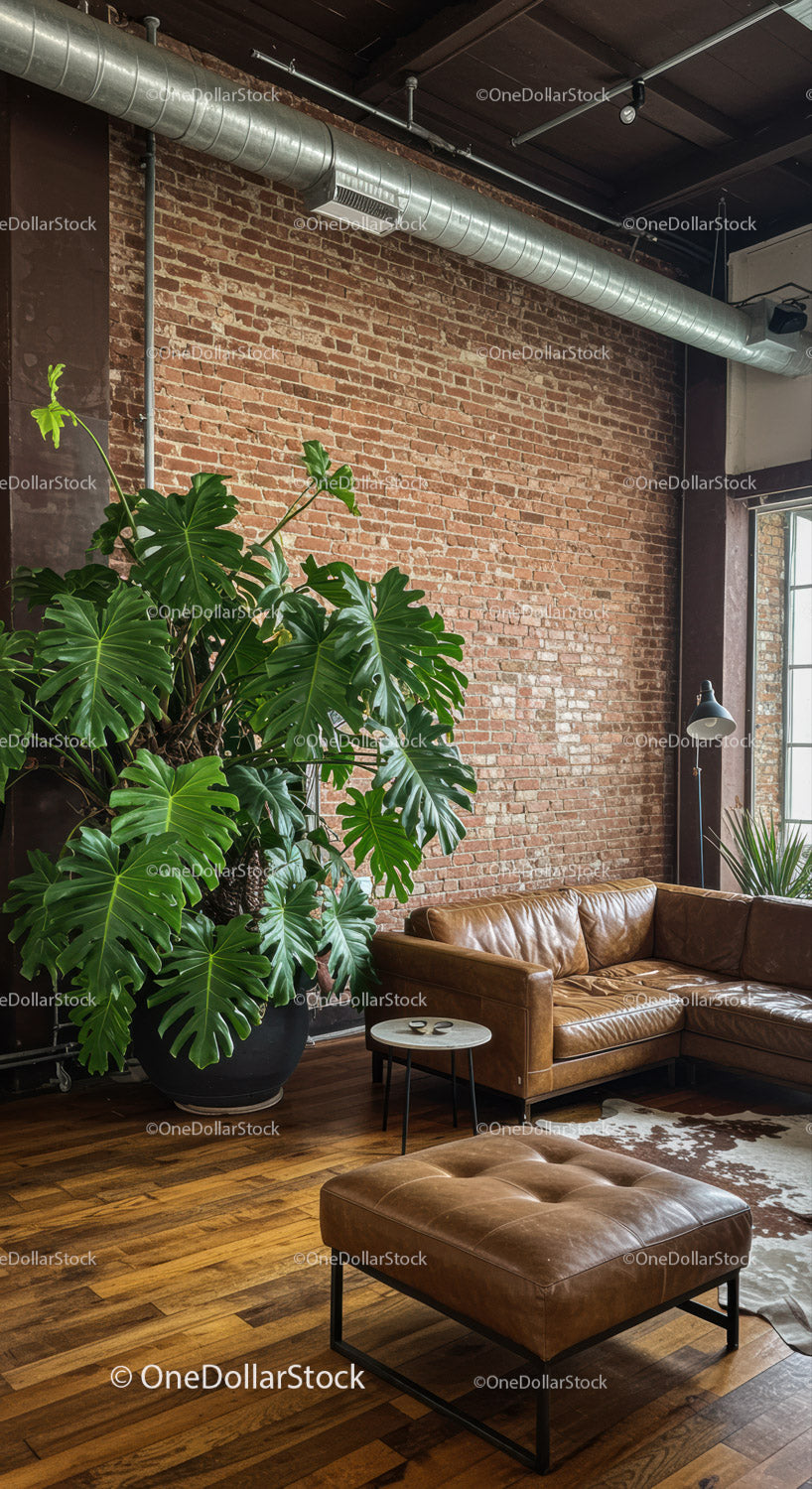 Modern Industrial Living Room with Green Monstera and Leather Sofa