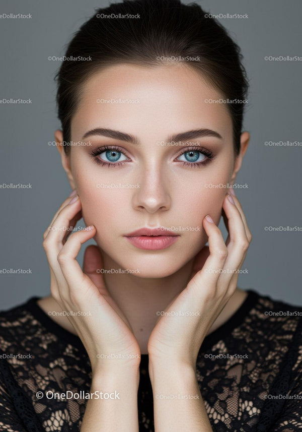 Elegant Young Woman with Bright Blue Eyes and Flawless Skin