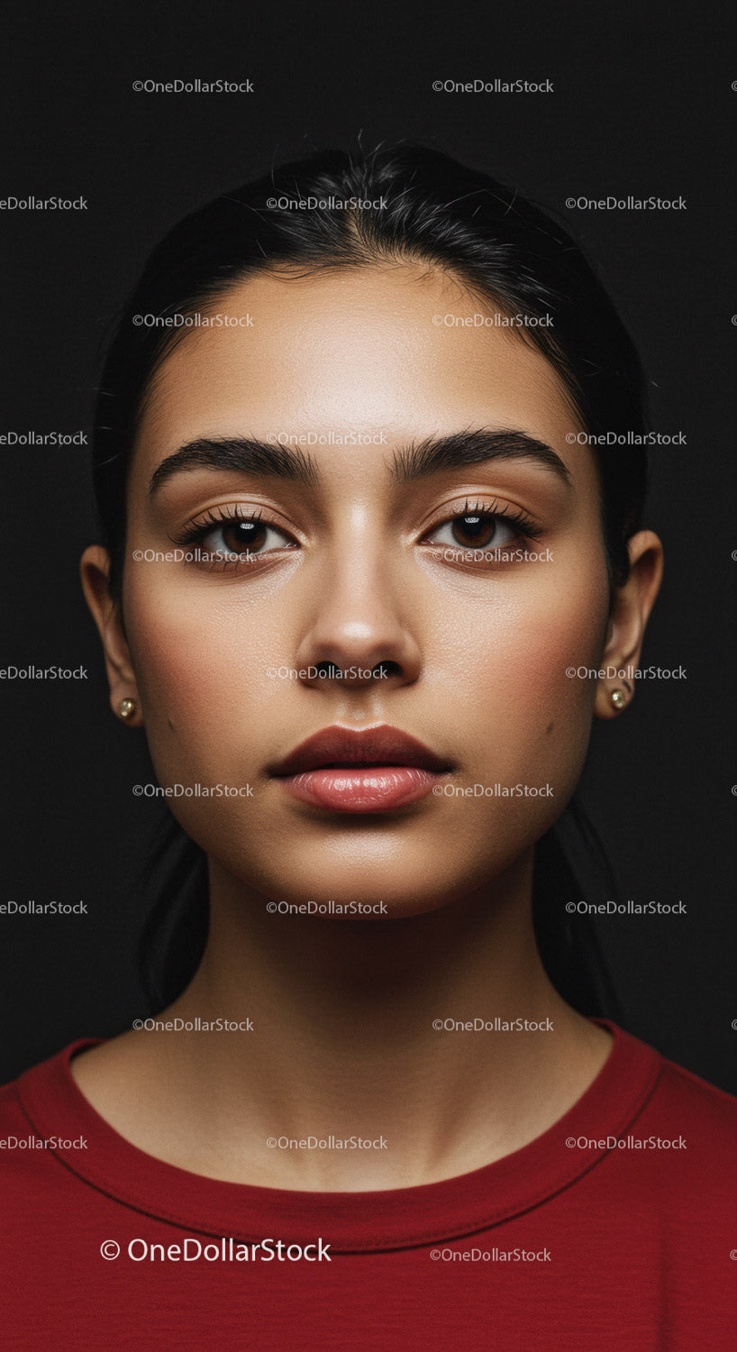 Close-Up Portrait of Confident Young Woman with Dark Hair and Porcelain Skin