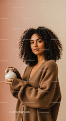 Stylish Woman with Curly Hair Wearing Cozy Brown Cardigan in Modern Interior