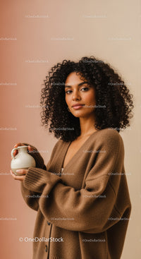 Stylish Woman with Curly Hair Wearing Cozy Brown Cardigan in Modern Interior
