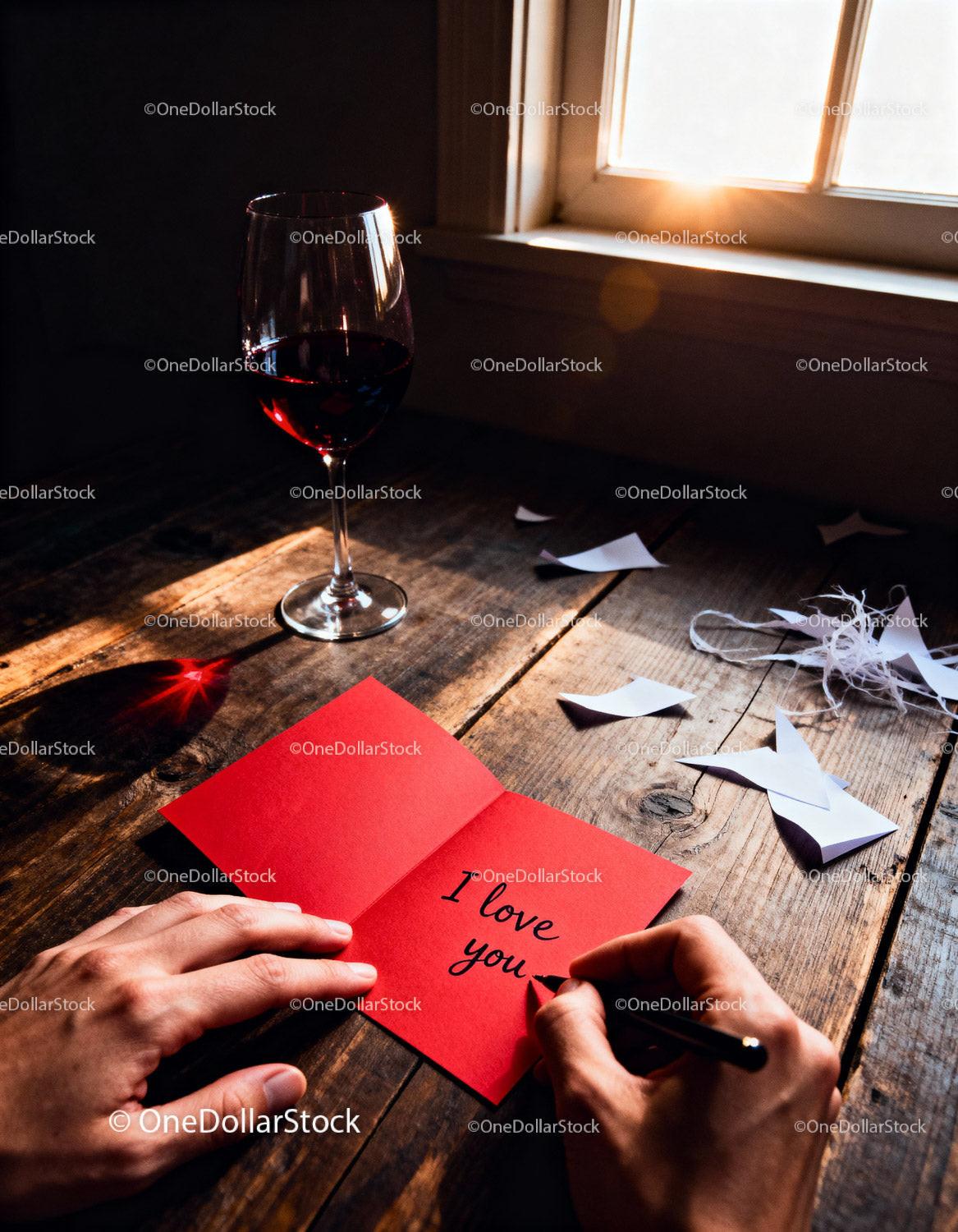 Handwriting a Romantic Love Note by Window with Wine Glass