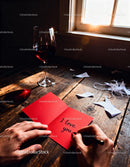 Handwriting a Romantic Love Note by Window with Wine Glass