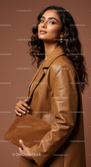 Elegant Woman in Brown Leather Coat with Stylish Accessories