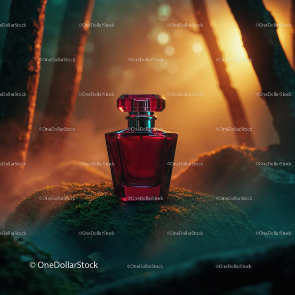Red Glass Perfume Bottle in Mystical Forest with Sunset Lighting JPG Mockup Image