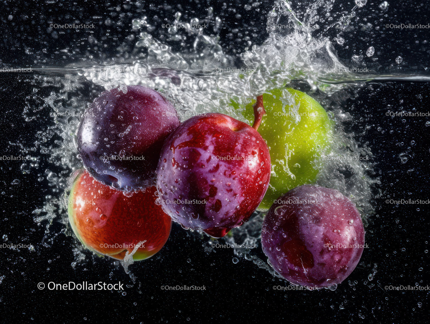 Colorful Water Splash of Ripe Cherries and Green Grapes