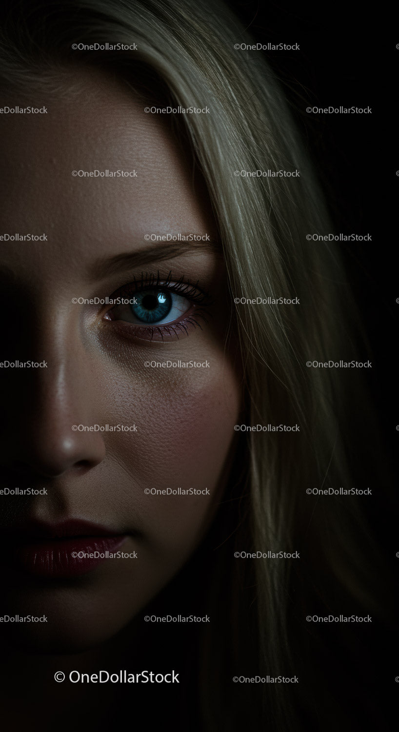 Close up of thoughtful young woman with blue eyes