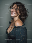 Young Woman Smiling with Wavy Hair Wearing Stylish Off-Shoulder Top