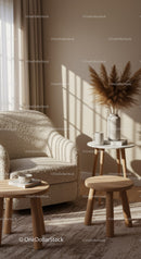 Cozy lounge corner with soft armchair and wooden tables