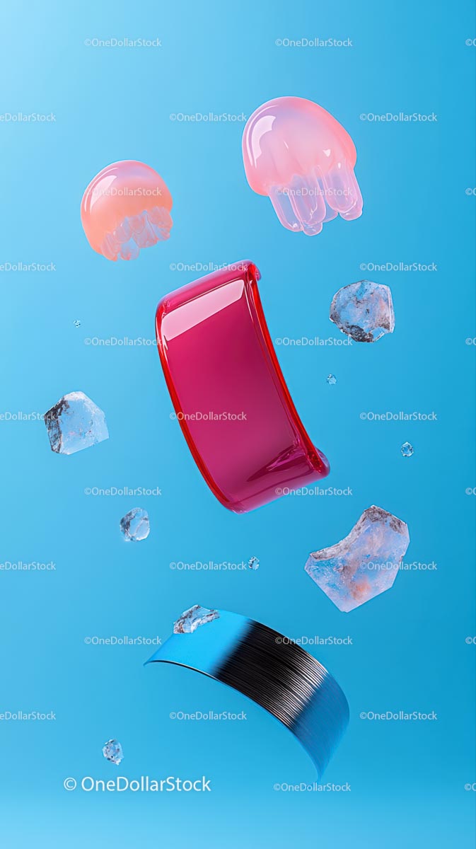 Pink Jellyfish Earrings and Red Smartphone with Ice Cubes on Blue Background