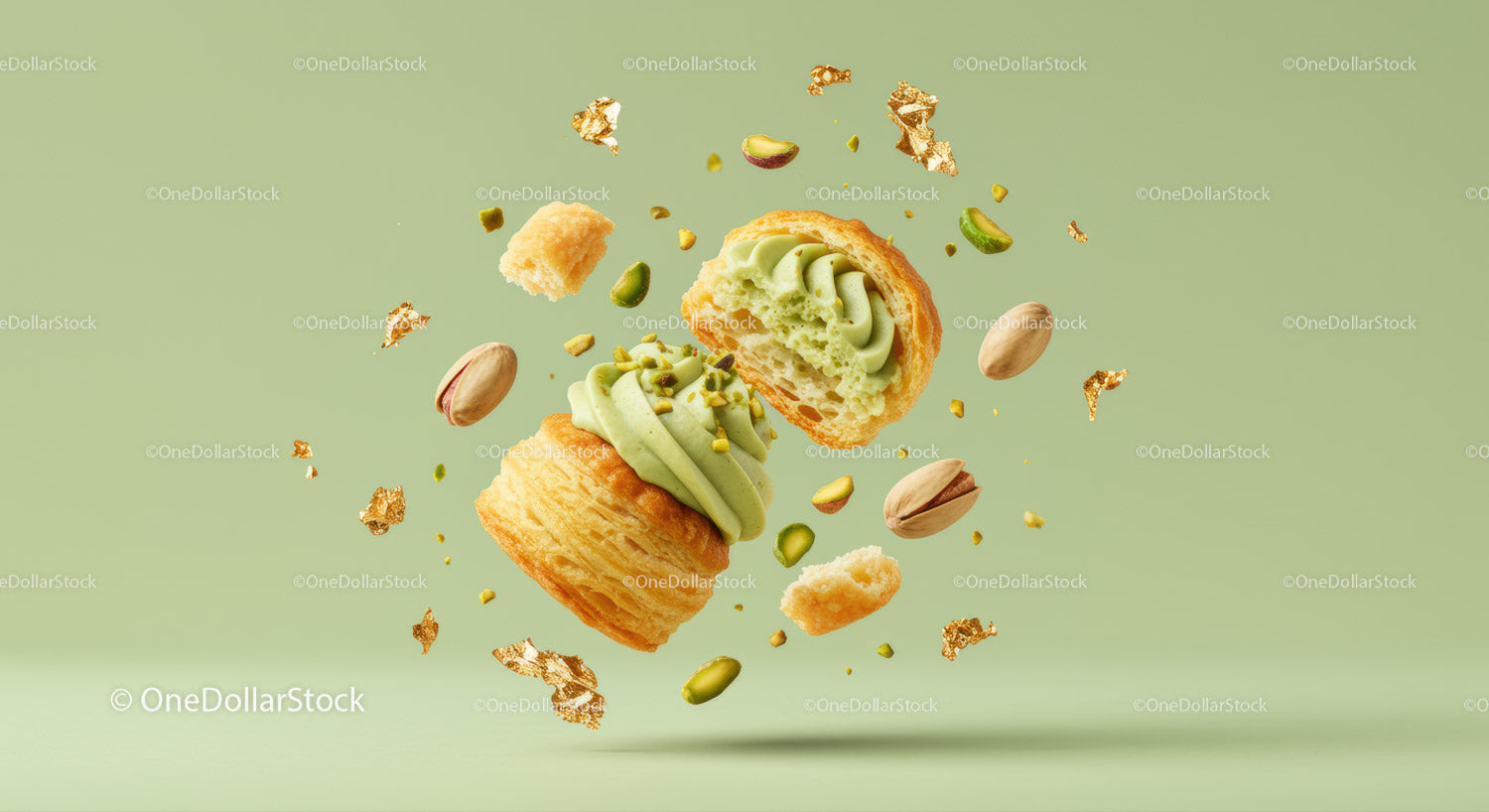 Delicate pastry with pistachio cream and nuts flying