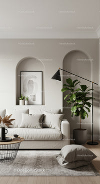 Minimalist living room with soft neutral tones and greenery